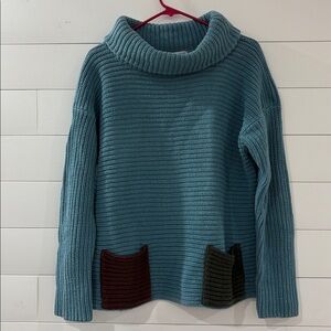 Margaret Winters Blue Knit Turtleneck Sweater Colorblock Pockets Women’s medium